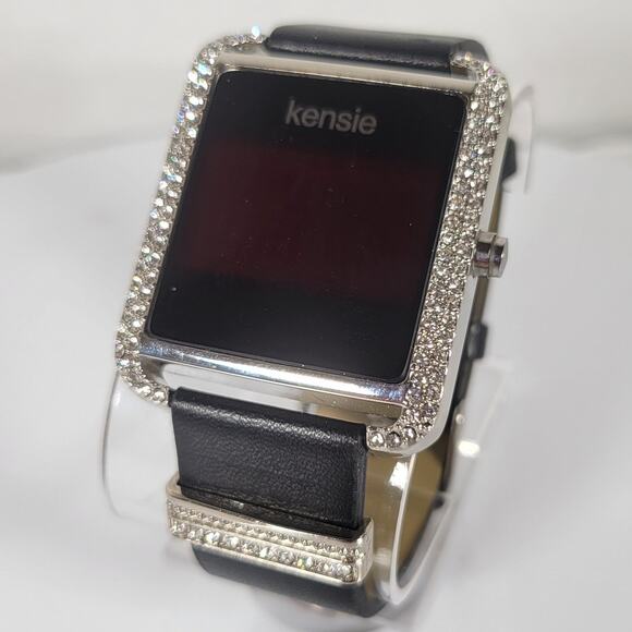 Kensie Women's Digital Watch with Crystals, Square Face, Black Leather Strap - Picture 3 of 16